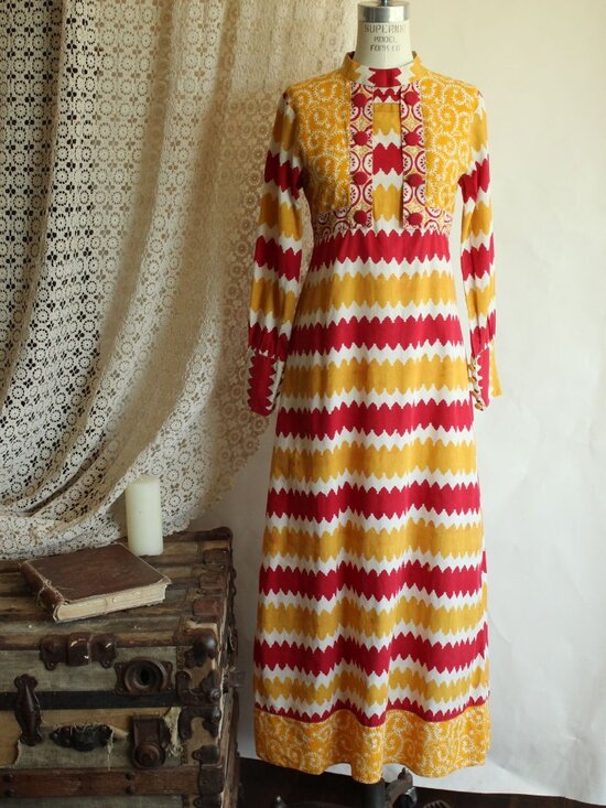 Vintage Dresses & Skirts - Vintage 1990s Y2K Maxi Dress, Red and Yellow Cotton 1960s Inspired Boho Full Len